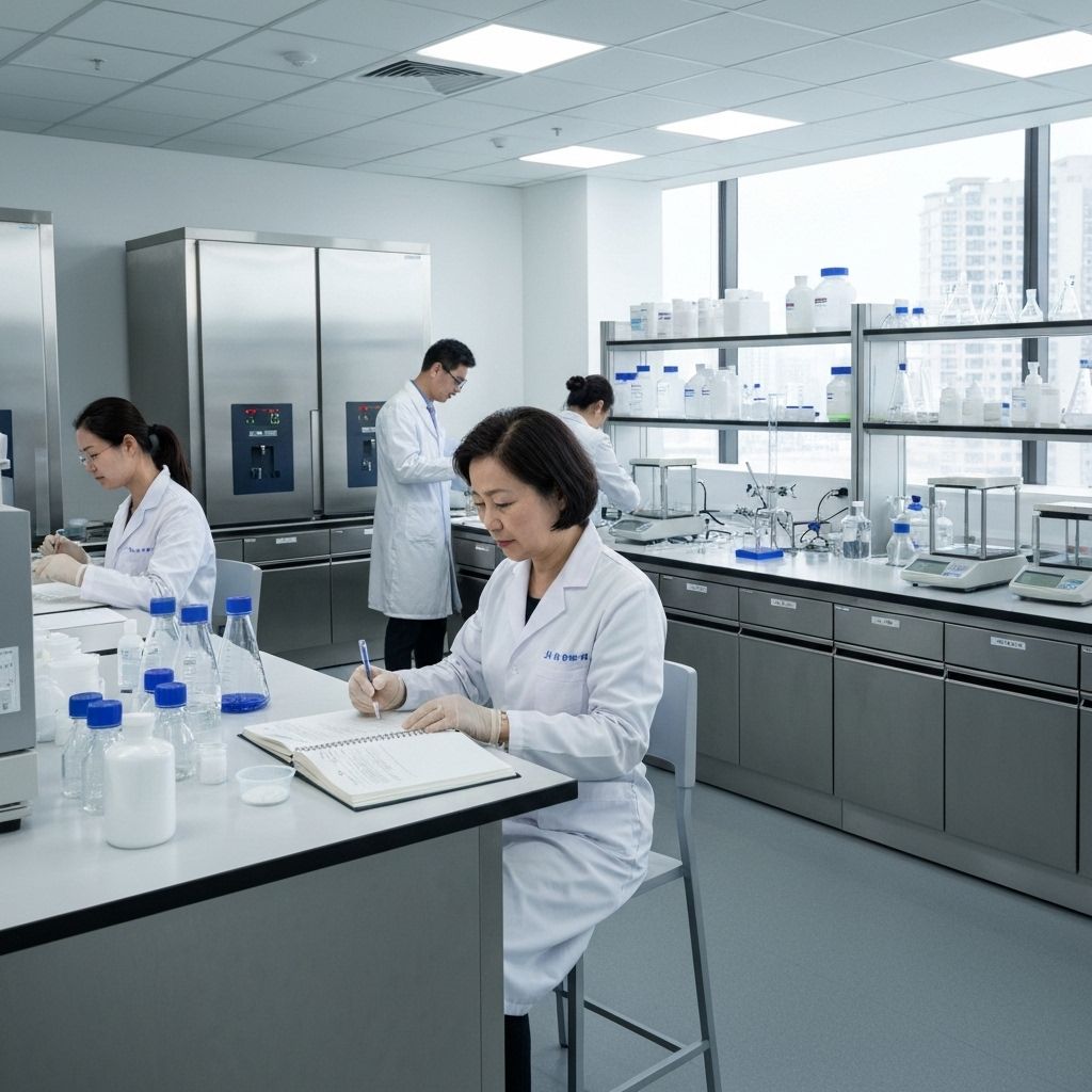 Modern pharmaceutical laboratory with scientists developing ointments and lotions